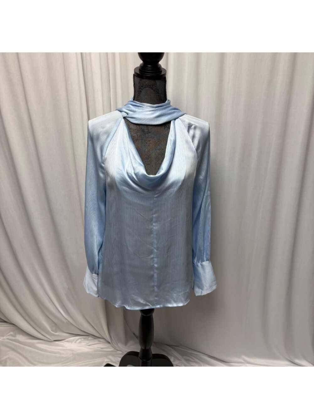 INC International Concepts Blue Cowl Neck Scarf Blouse Womens Medium Top NEW